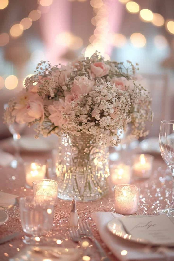 a vase filled with flowers sitting on top of a table covered in white plates and silverware