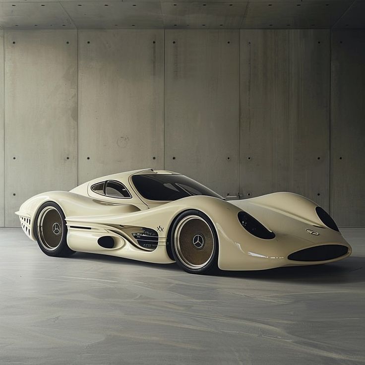 a white sports car is parked in an empty room with concrete walls and flooring