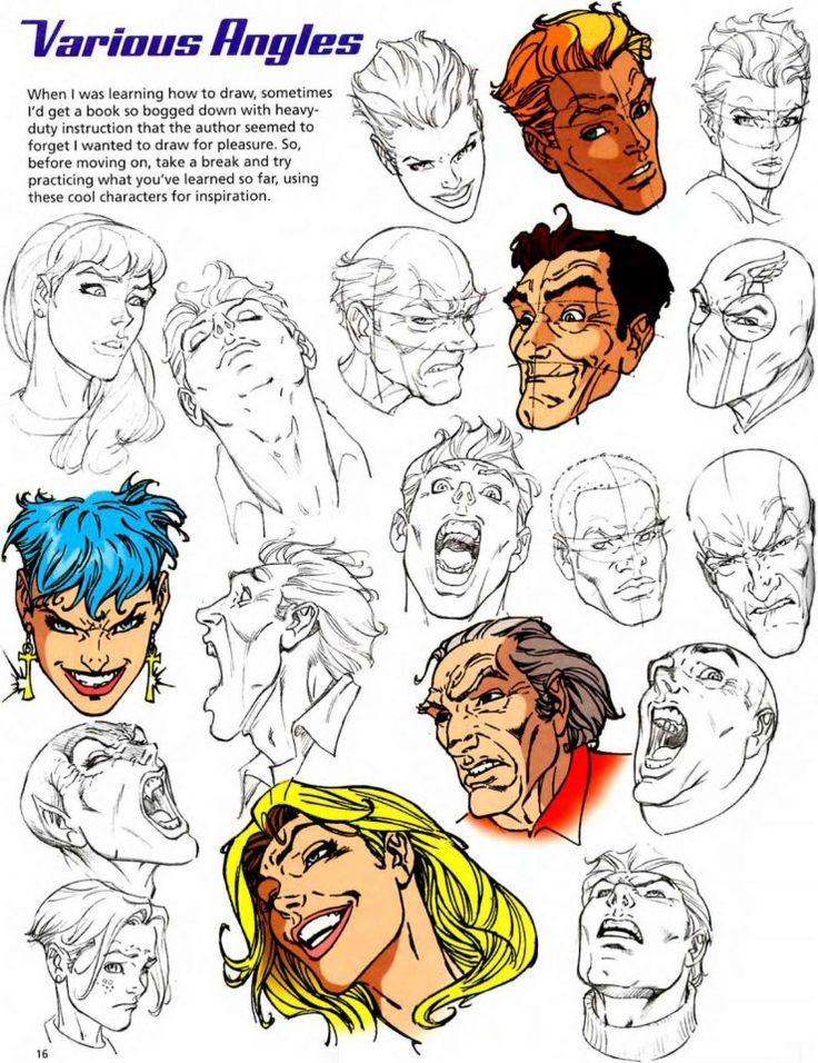 an image of various facial expressions for the character's face and head, with different angles