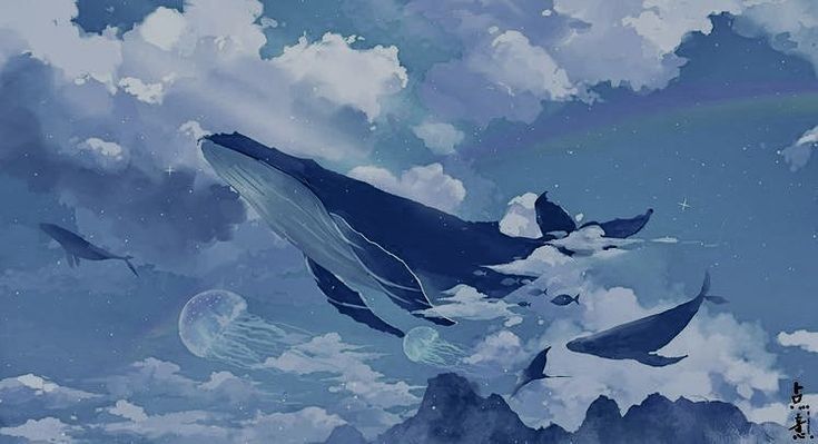 an artistic painting of a whale in the sky with clouds and rainbows above it