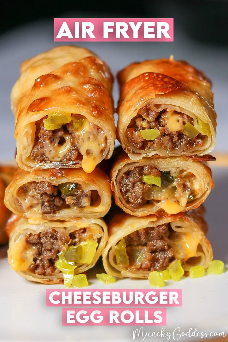 cheeseburger egg rolls are stacked on top of each other