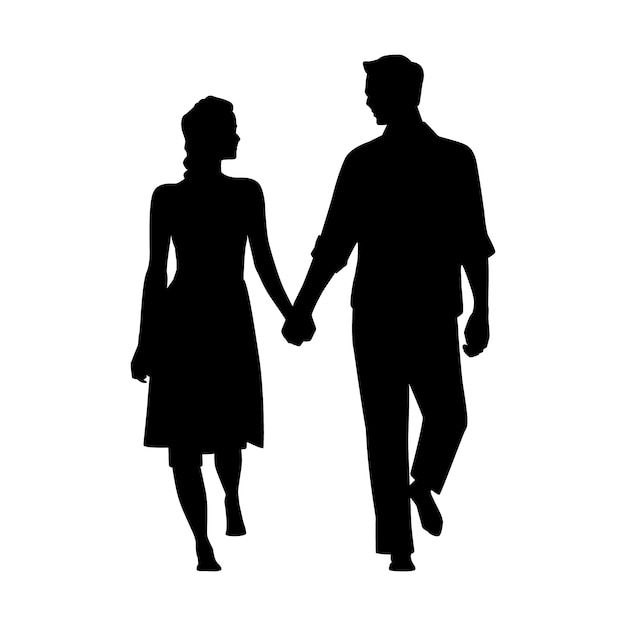 a man and woman holding hands while standing next to each other on a white background