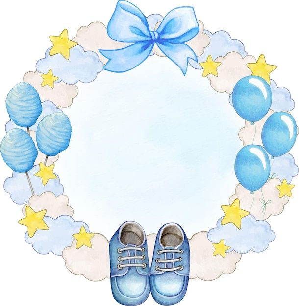 a watercolor drawing of blue baby shoes and balloons in the shape of a wreath