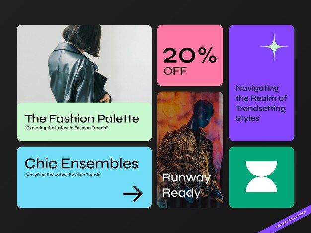 an ad for the fashion retailer called chic ensembles is shown in purple, green and blue