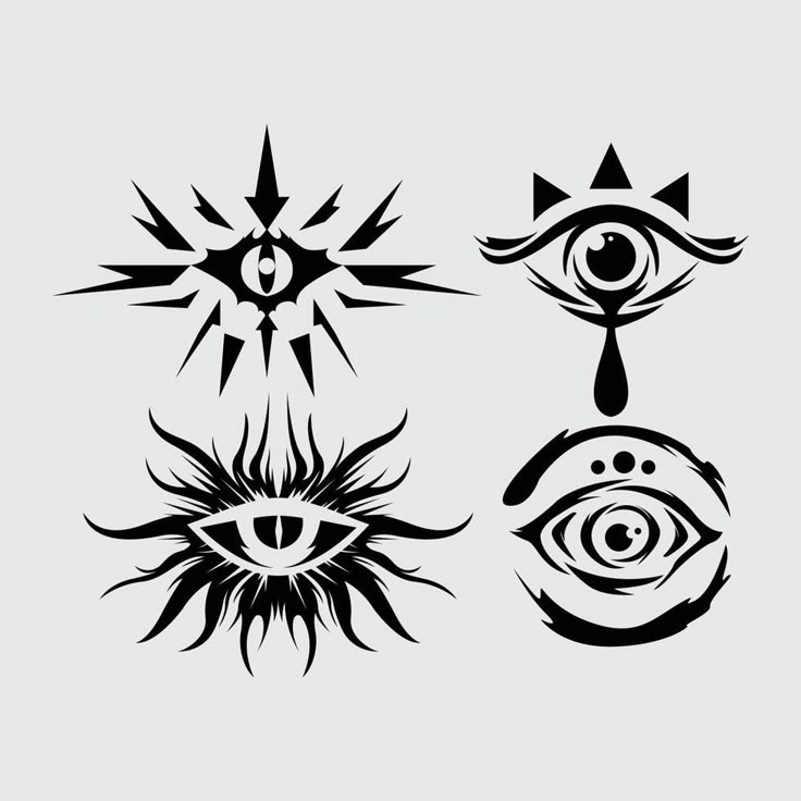 four different types of eye and sun tattoos on a white background, each with an individual's own image