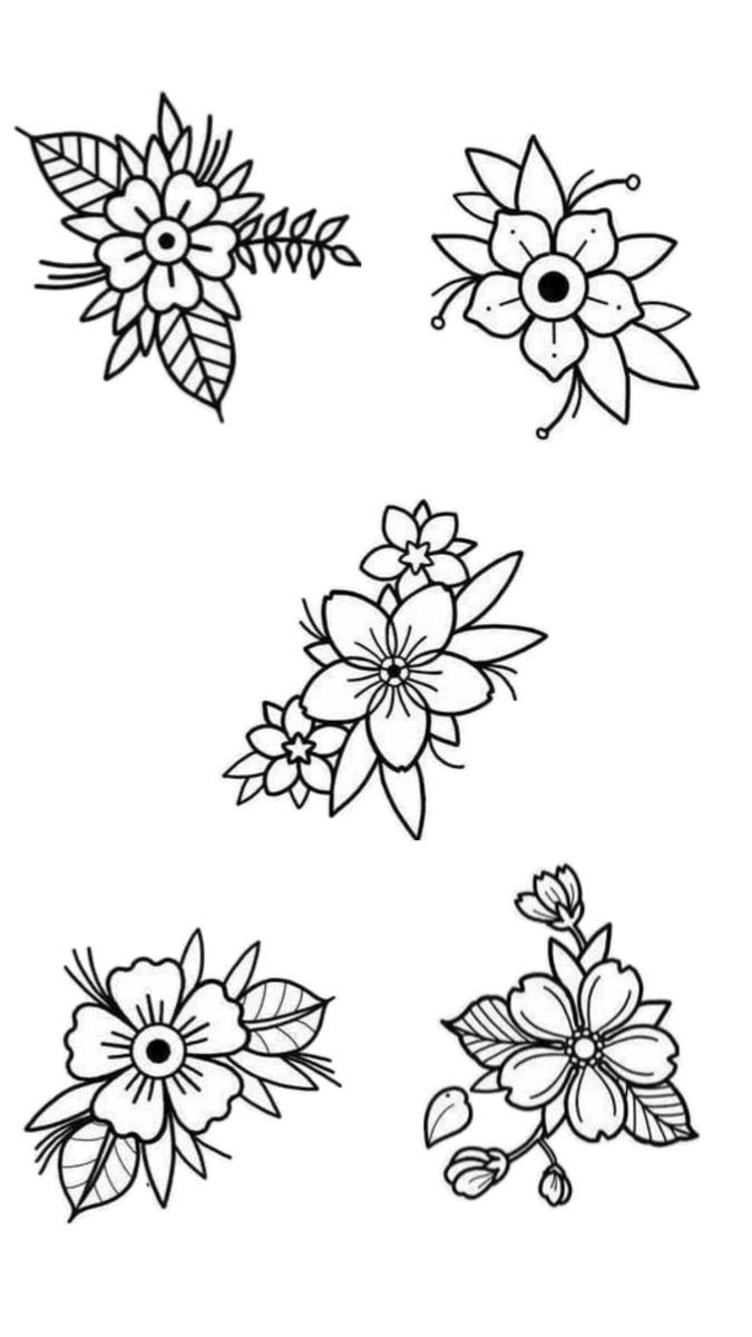 four different flowers are shown in black and white