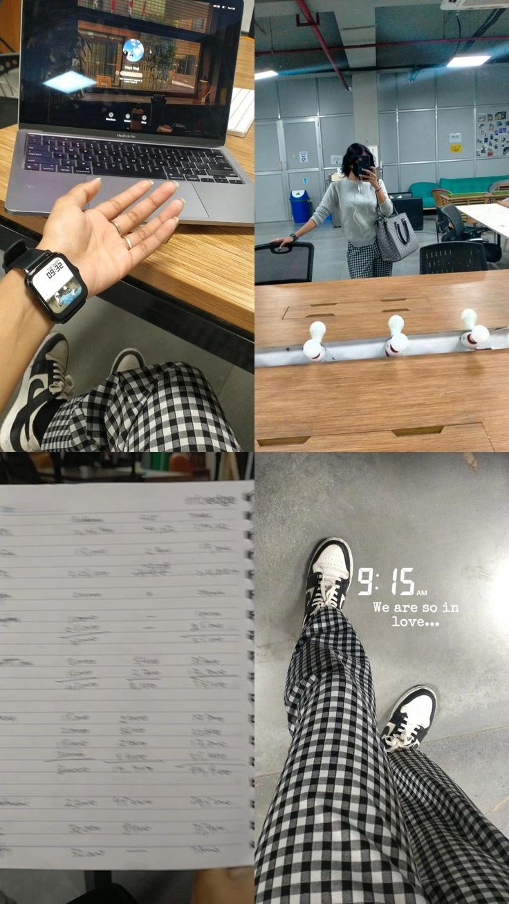 a collage of photos showing people using laptops and other electronic devices in an office