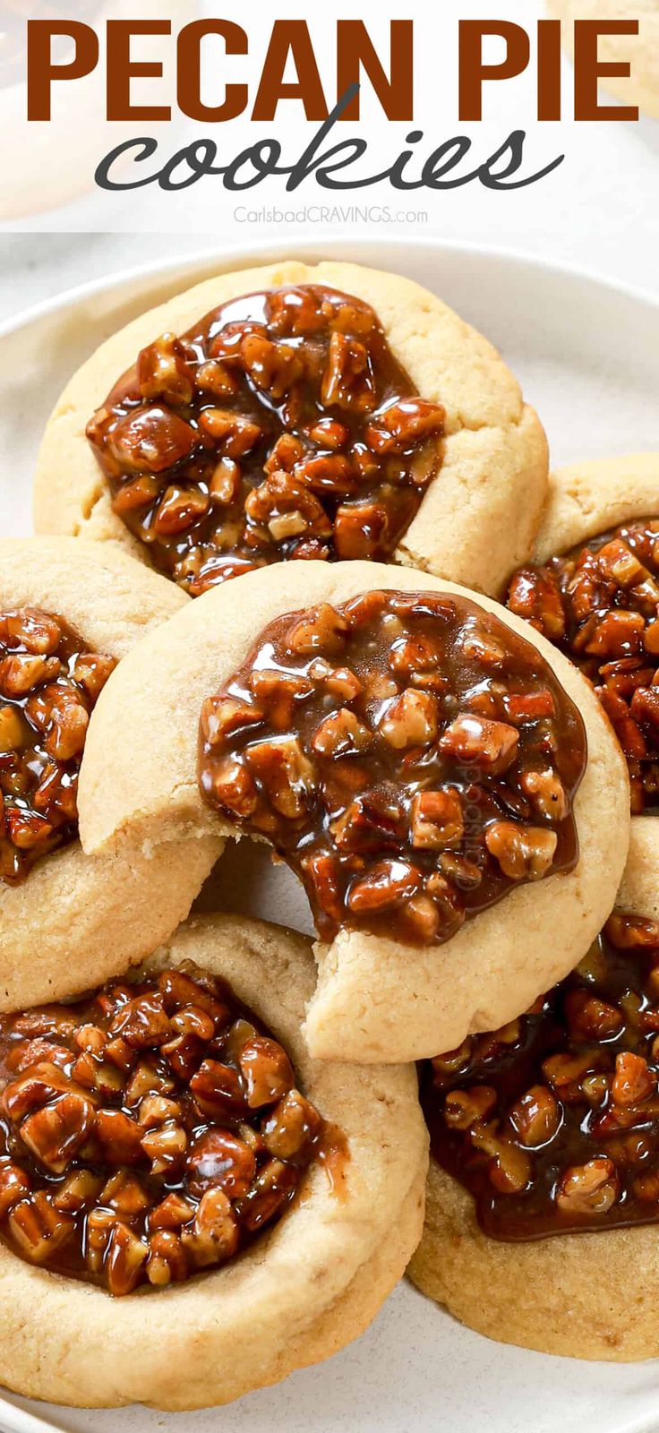 pecan pie cookies on a plate with text overlay that reads pecan pie cookies