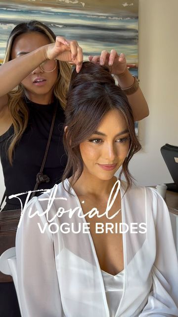 two women are getting their hair done in front of a wall with the words victoria's voge bridals on it