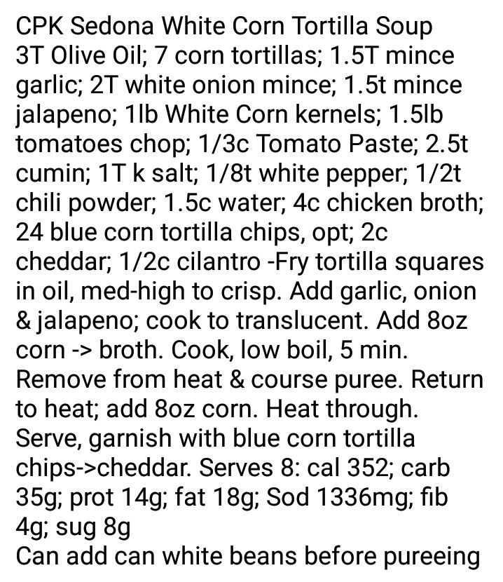 the ingredients for white corn tortilla soup are shown in black and white text