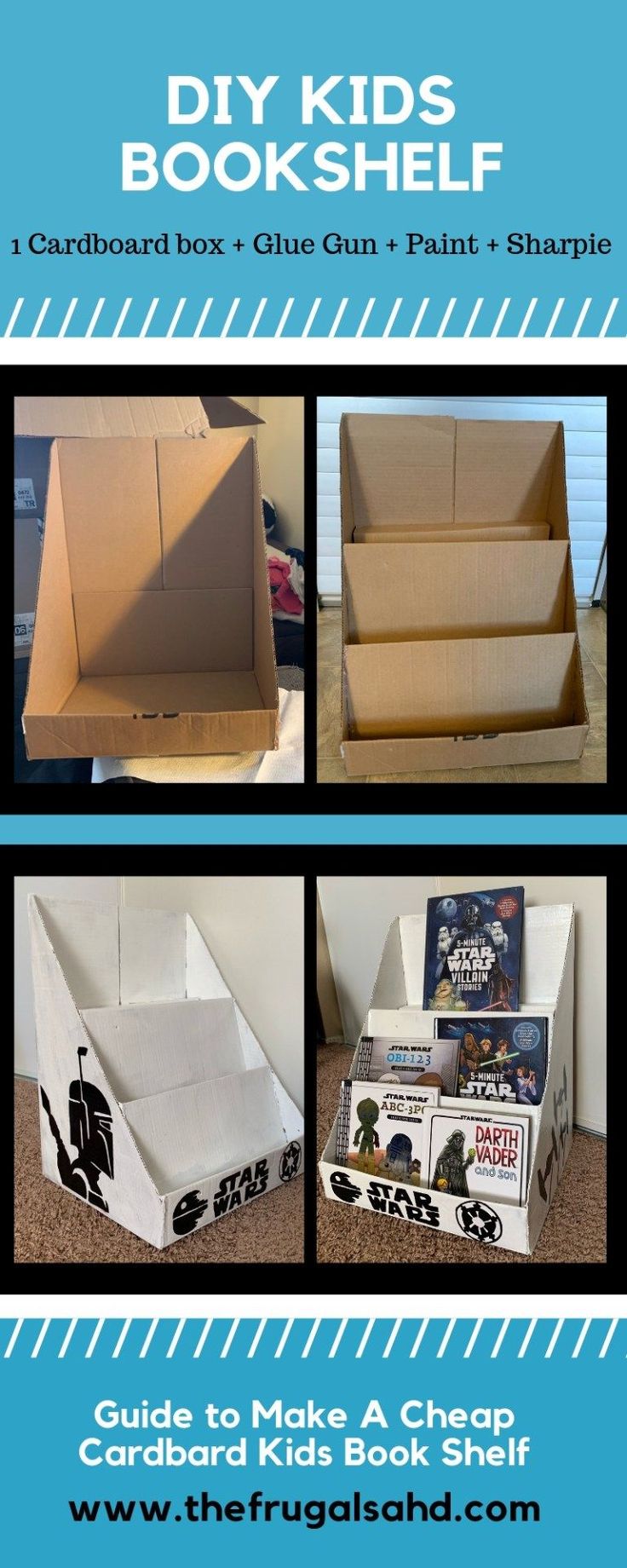 the instructions for how to make a cardboard kids's bookshelf book box