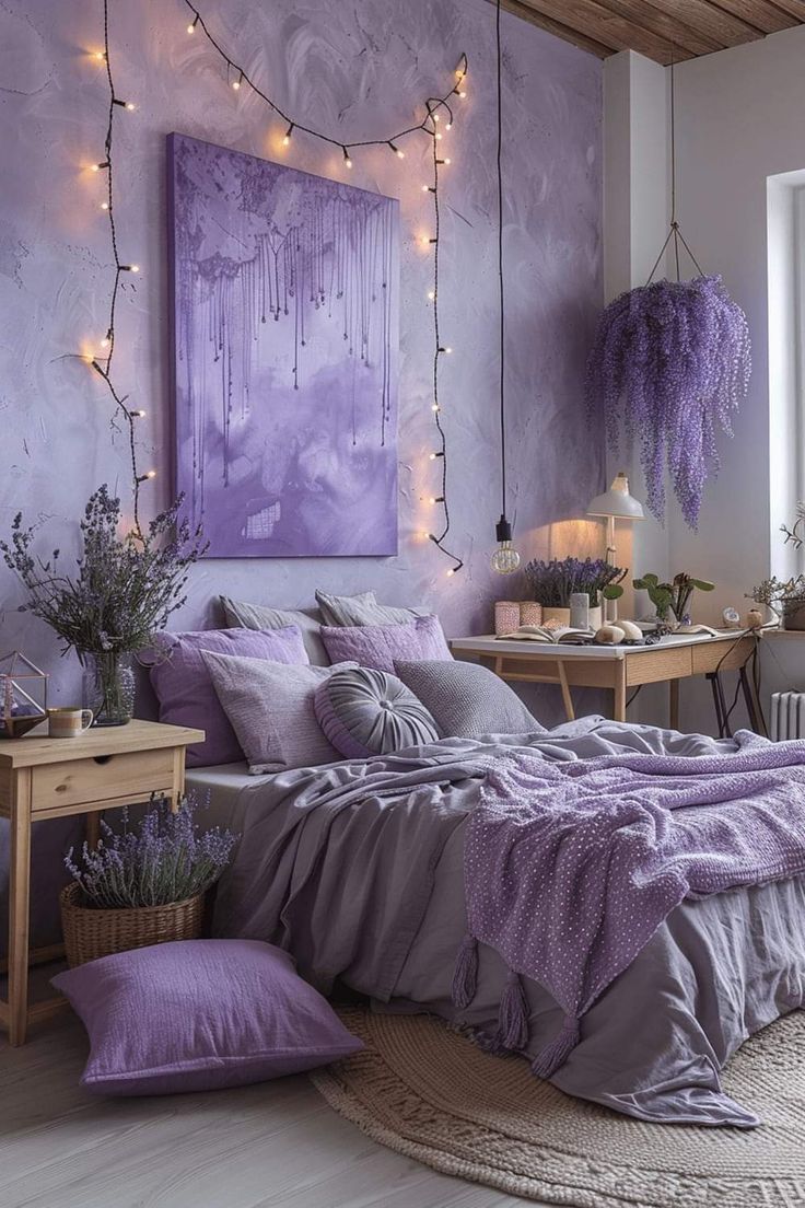 a bedroom with purple walls and lights hanging from the ceiling, bedding is covered in lavender colored linens