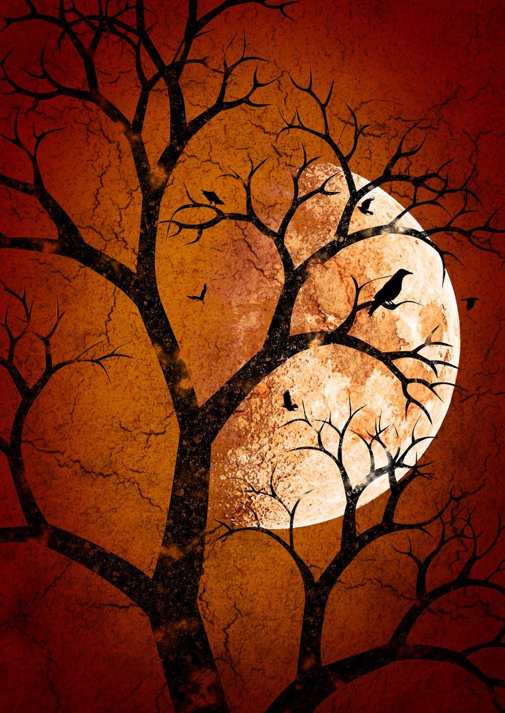 a painting of a tree with birds in the branches and a full moon behind it