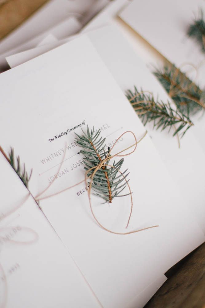 the wedding stationery is adorned with pine needles and twine