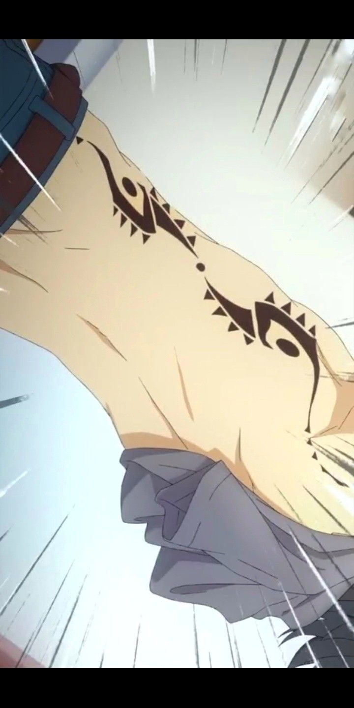 an anime character with black ink on his face and arm, holding onto the hand of another character