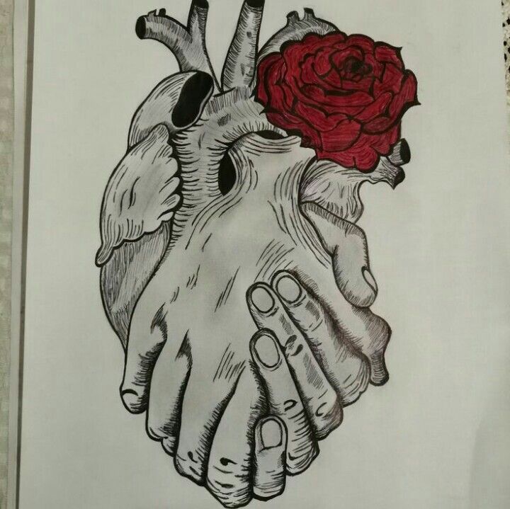 a drawing of two hands holding a heart with a rose in it's center