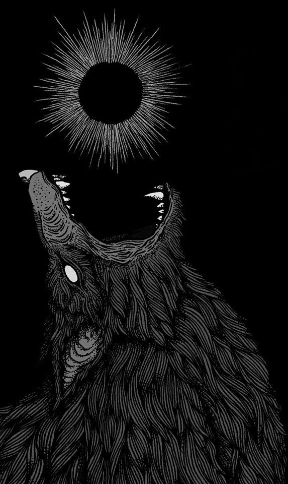 a black and white drawing of a wolf's head with the sun in the background