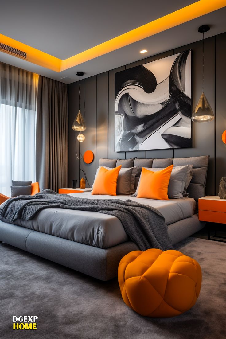 Medium-sized Modern Master Bedroom with a Vibrant Grey and Orange Color Scheme, Featuring Stylish Furniture, Urban Artwork, and Terrace Access. Teal Bedroom Decor, Simple Bed Designs, Boho Bedroom Design, Bunk Bed Designs, Room Styles, Bedroom Orange, Apartment Living Room Design, Bed Design Modern, Simple Bed