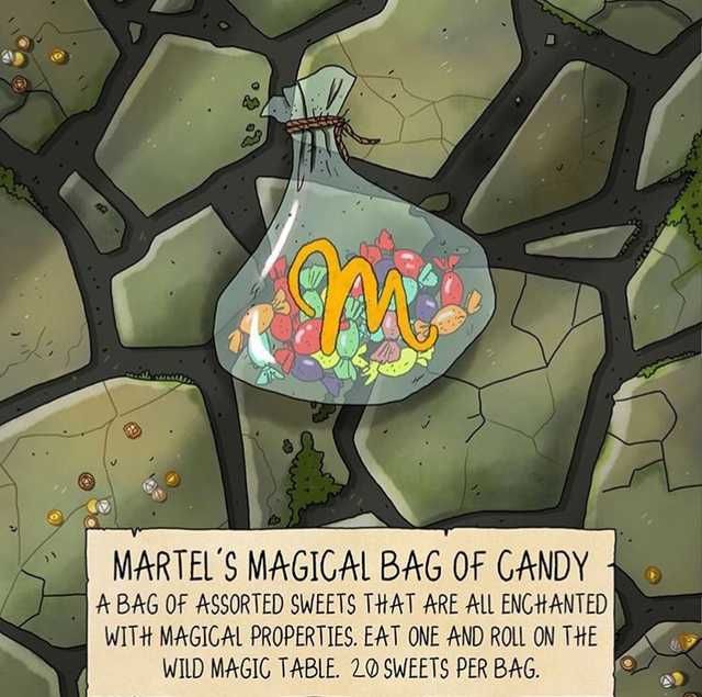 a bag filled with candy sitting on top of a stone floor