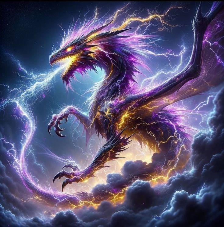 a dragon is flying through the sky with lightning