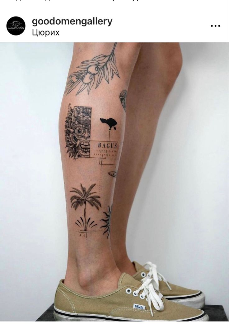 a person with tattoos on their legs and one leg is shown in the same photo