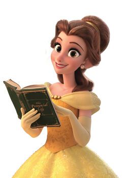 the princess from disney's beauty and the beast is reading a book while wearing a yellow dress