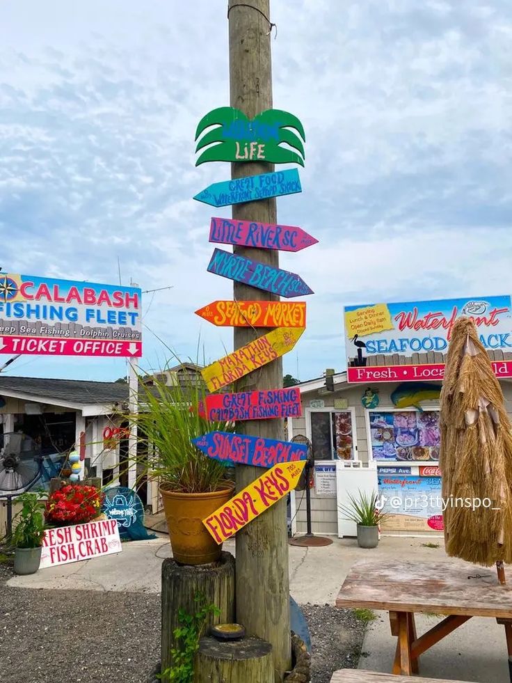 a wooden pole with many signs on it