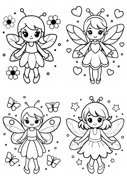 Photo cute fairy coloring pages in kawai... | Premium Photo #Freepik #photo Cute Fairy Coloring Pages, Cute Fairy Drawings, Cricut Sticker Paper, Coloring Pages Fairy, Cute Fairies, Easy Coloring Pages For Kids, Kawaii Coloring Pages, Aesthetic Coloring Pages, Kawaii Fairy