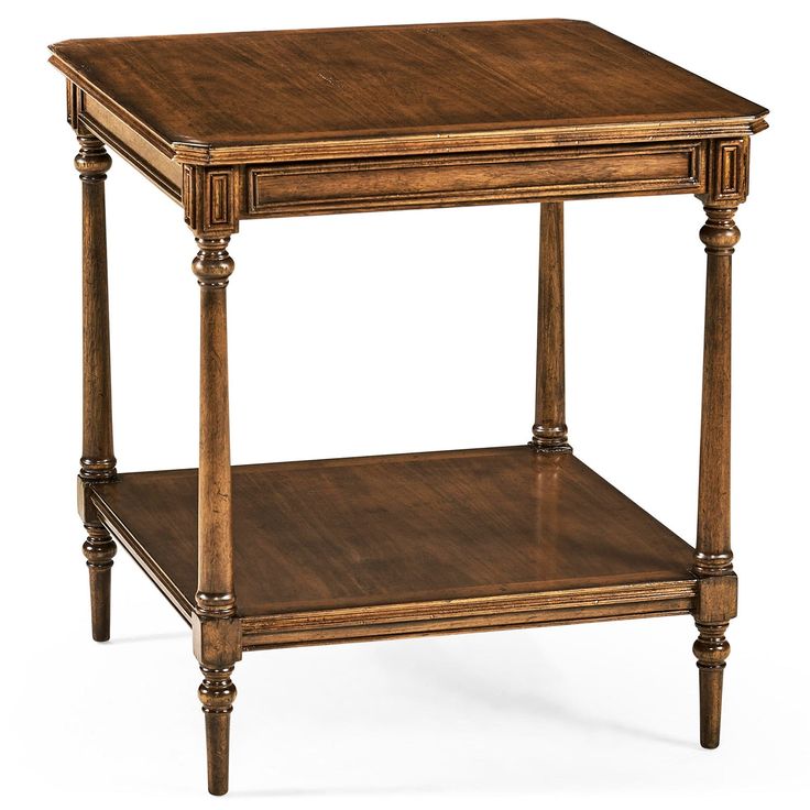 a wooden end table with one drawer on the top and two shelves below it, against a white background