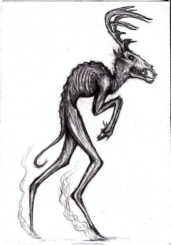 a black and white drawing of a deer with antlers on it's back