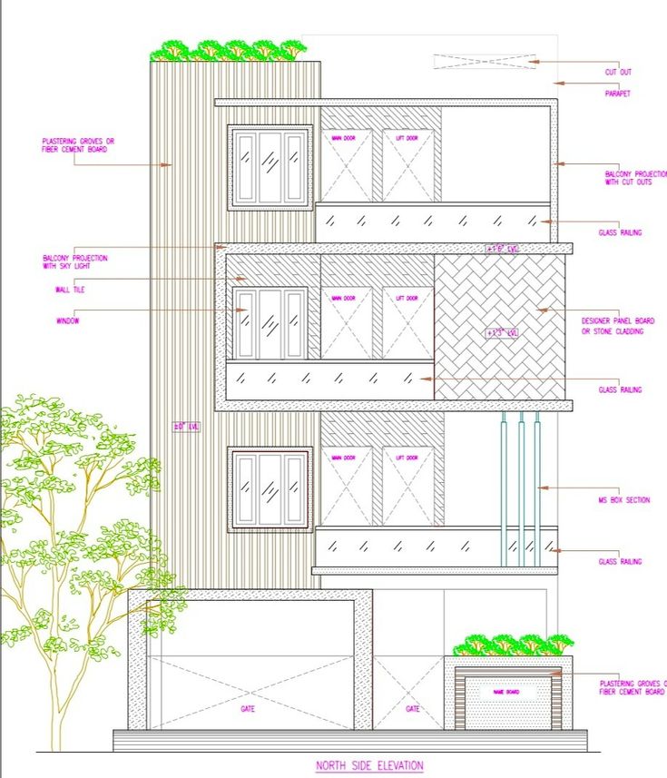 an architectural drawing shows the details of a building that has been constructed into two levels