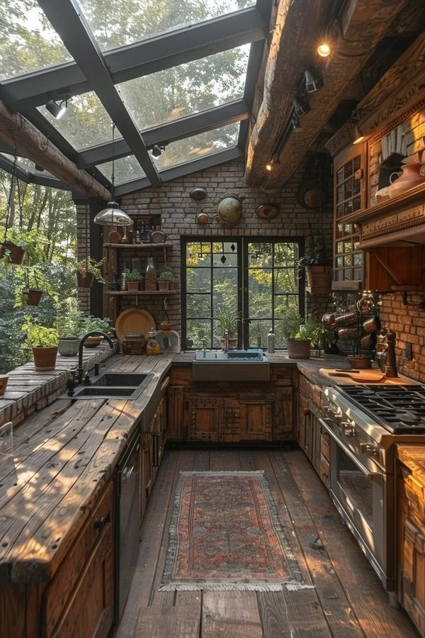 an old fashioned kitchen with wood flooring and brick walls, is pictured in this image