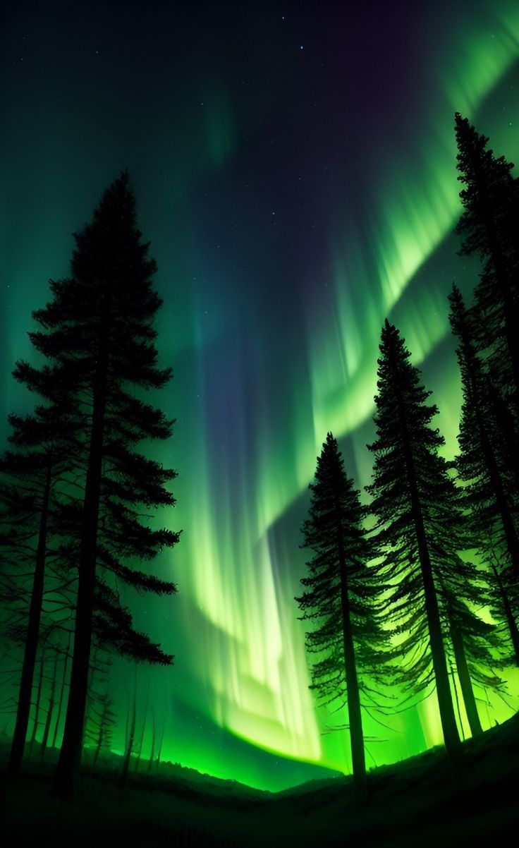 an aurora bore is seen in the sky above some trees