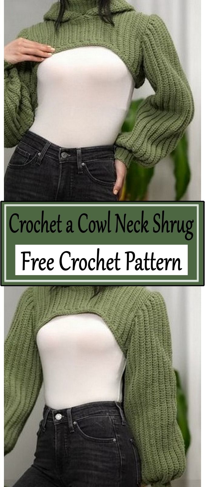 a woman wearing a green sweater and black jeans with the words crochet a cow neck