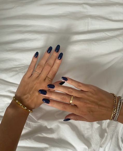 Navy Blue Gel Nails Design, Navy Nail Tips, Dark Blue French Tip Nails Almond, Navy Dip Nails, Flattering Nail Colors, Short Navy Nails, Dark Blue Short Nails, Navy Almond Nails, Dark Blue Gel Nails