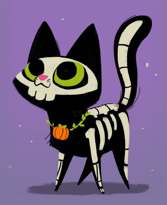 a black and white cat with green eyes wearing a skeleton costume is standing in front of a purple background