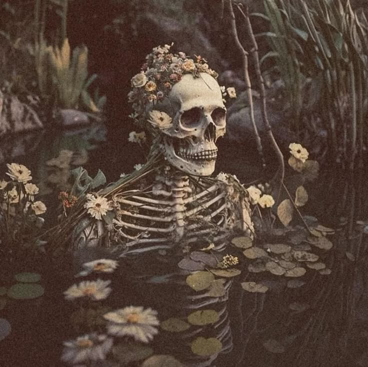 a skeleton sitting in the water with flowers on its head and body, surrounded by lily pads