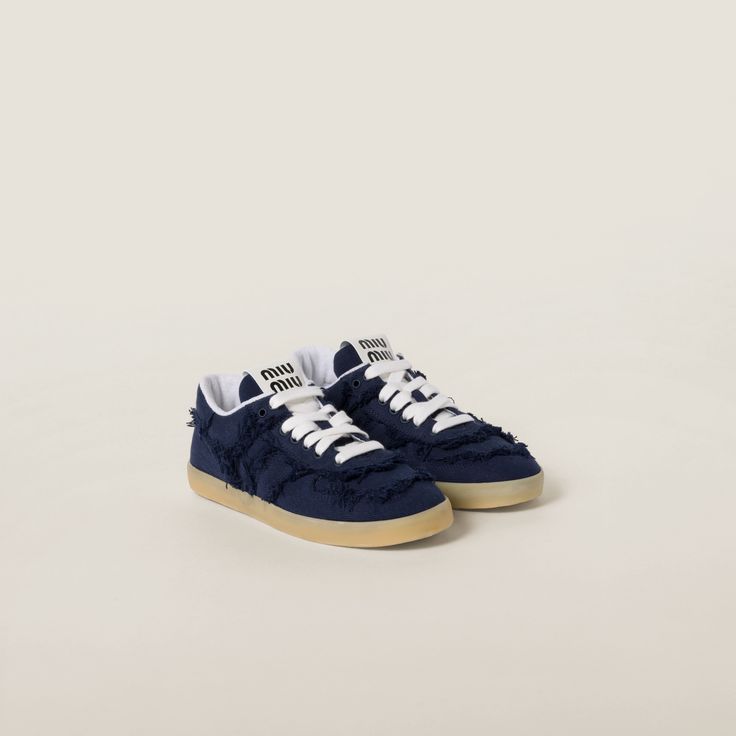 Find MIU MIU Denim Sneakers on Editorialist. Upper with fraying Fabric lining Screen-printed logo on the tongue and insole Cotton laces Rubber sole with logo Removable fabric-covered insole Shoe Inspo Sneakers, Miu Miu Denim, Fraying Fabric, Round Toe Sneakers, Denim Sneakers, Shoe Wishlist, Miu Miu Shoes, The Tongue, Shoe Inspo