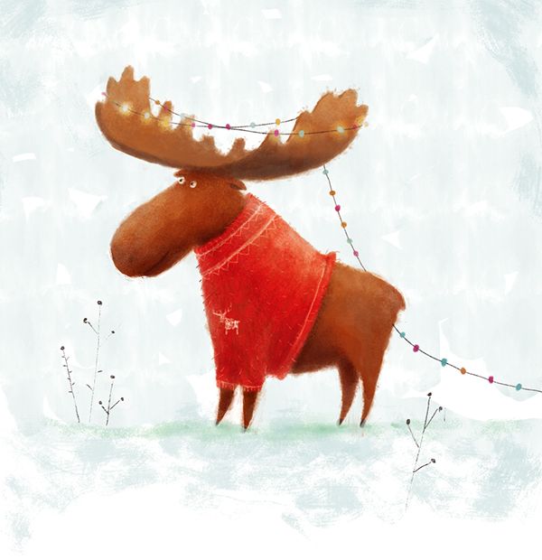 a moose wearing a red sweater with lights on it's antlers is standing in the snow