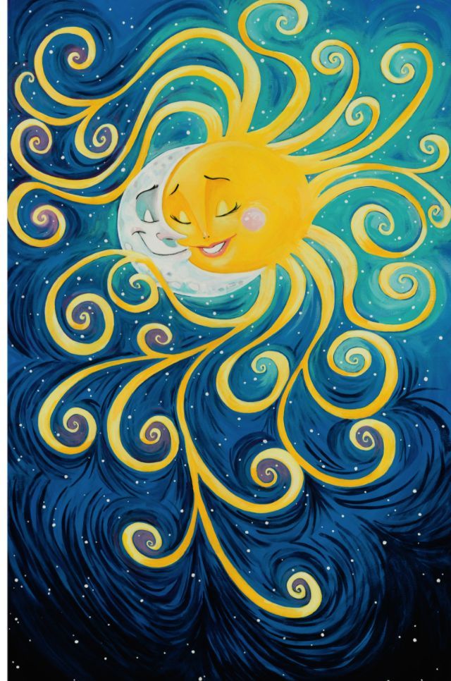 a painting of a sun and moon with swirls in the night sky above it