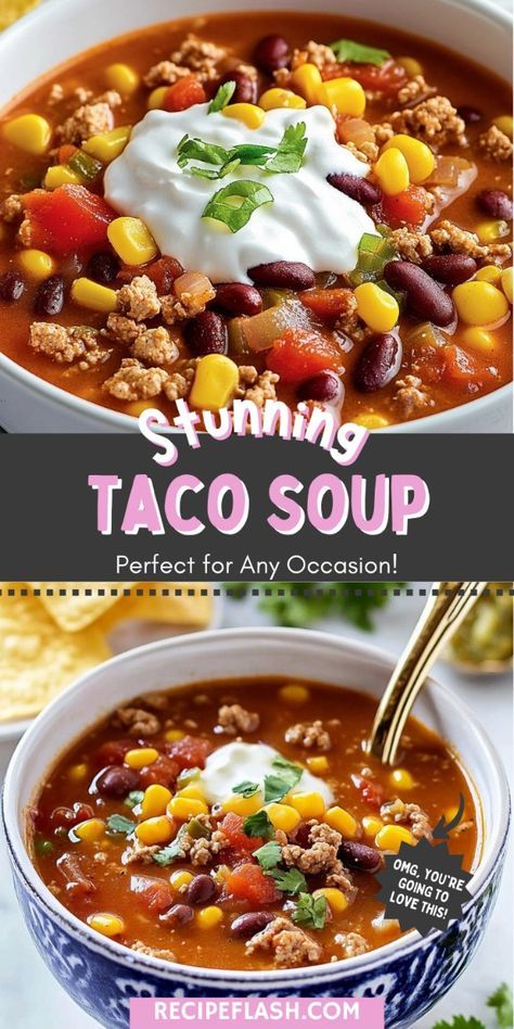 a bowl of taco soup with sour cream on top and the words, running taco soup perfect for any occasion