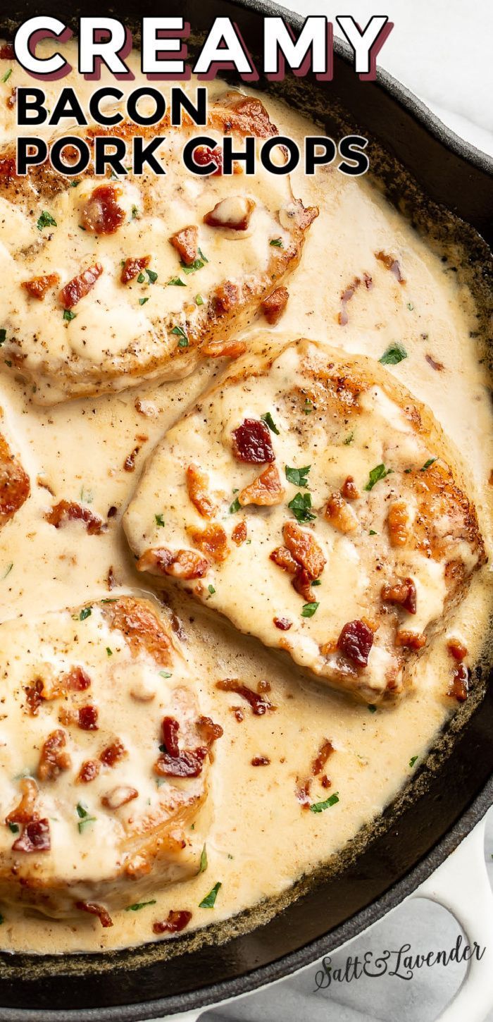 Bacon Pork Chops, Bacon Cream Sauce, Pork Chops In The Oven, Boneless Pork Chop Recipes, Smothered Pork, Pork Recipes For Dinner, Easy Pork Chop Recipes, Pork Chop Recipes Baked, Pork Chop Dinner