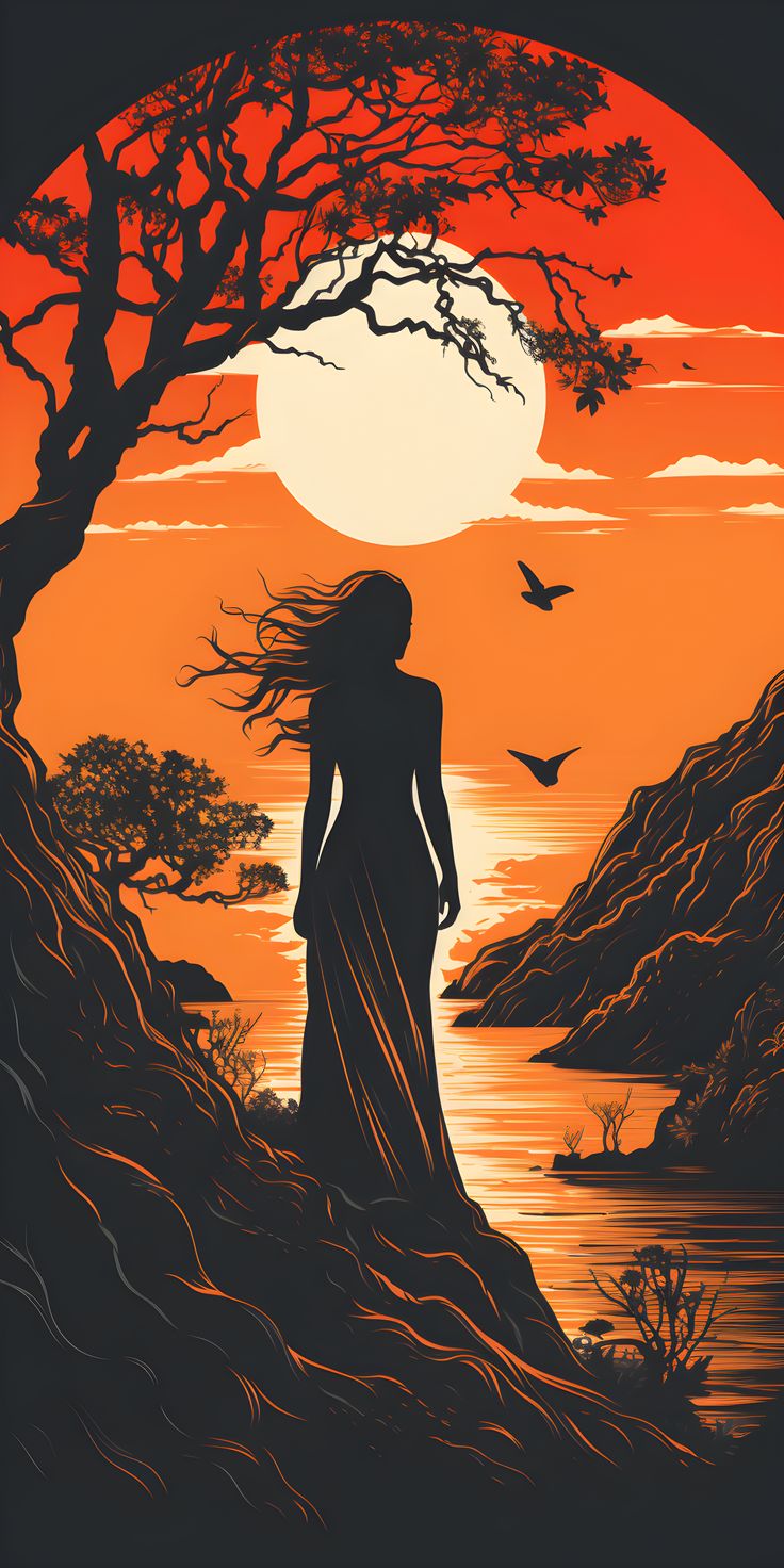 a woman standing in front of a sunset with birds flying over her head and trees