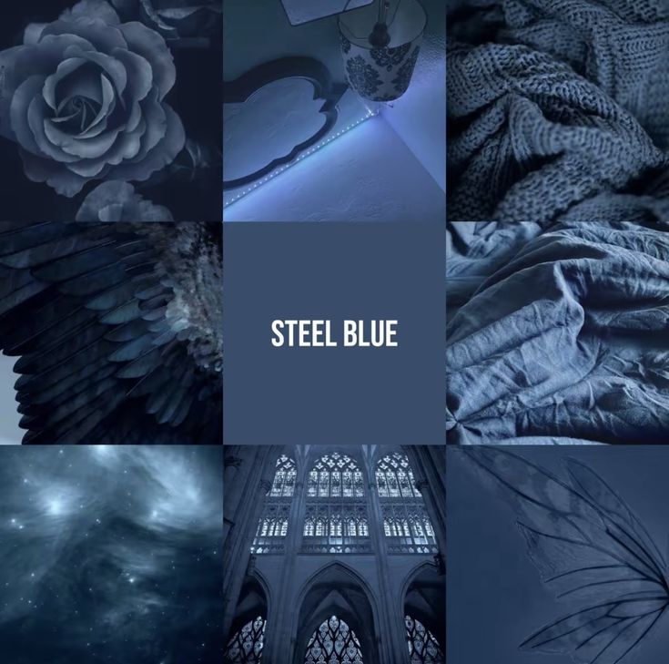 a collage of photos with the words steel blue on them and an image of a rose