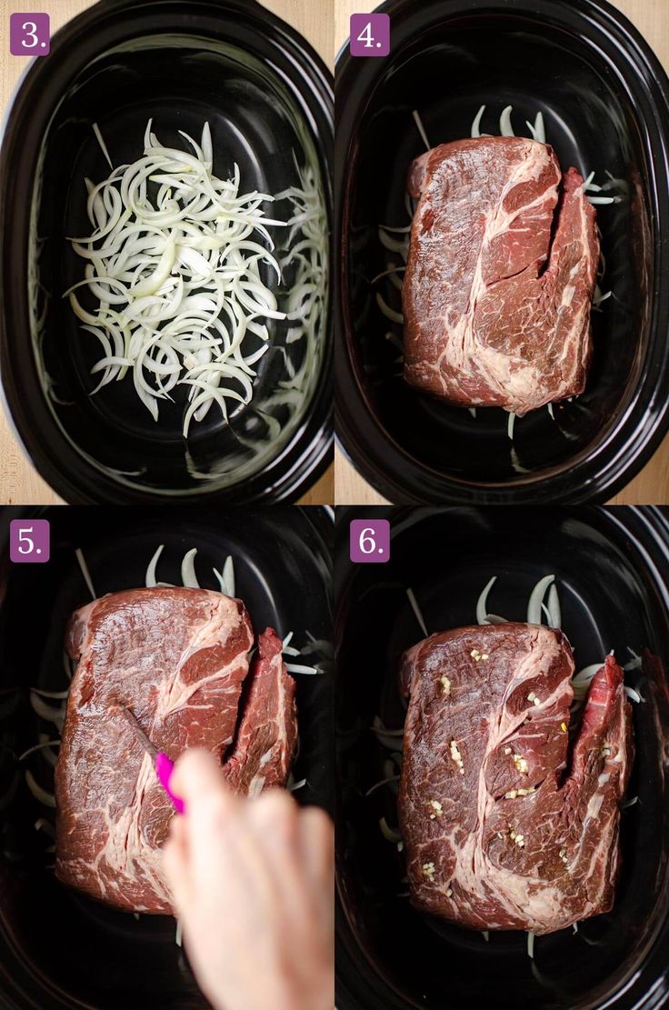 four pictures showing how to cook beef in slow cookers with onion sprouts