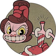 a cartoon character holding a candy cane in one hand and an evil looking face on the other