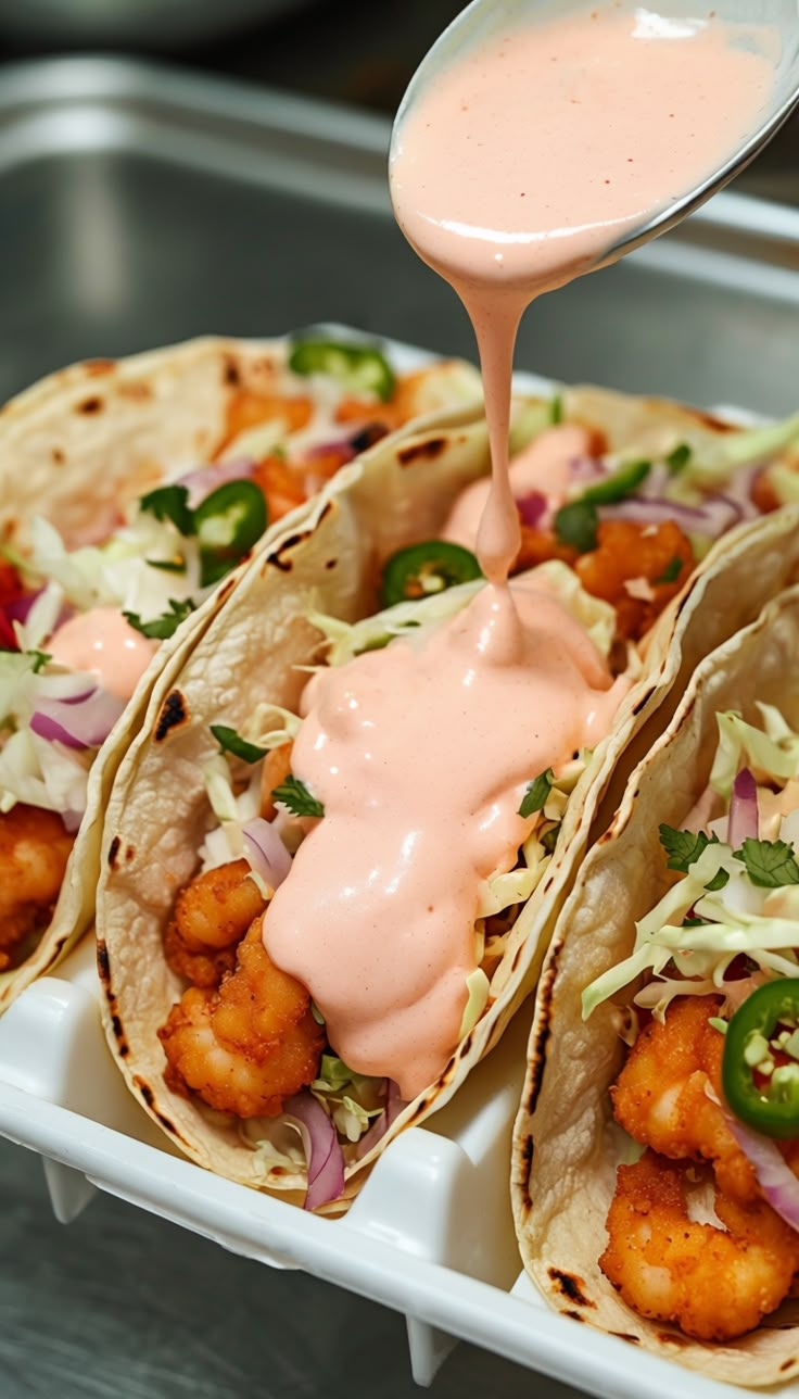 shrimp tacos are being drizzled with sauce on a white platter