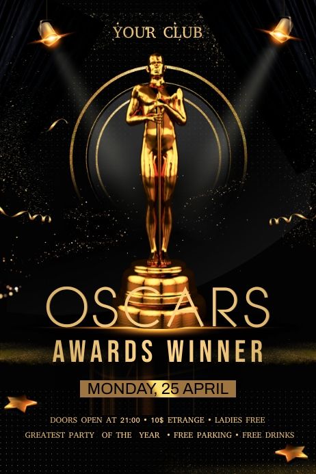 an oscars party flyer with gold statue on stage and stars around the event area