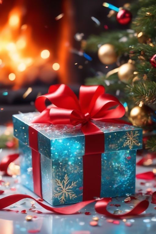 a blue gift box sitting next to a christmas tree