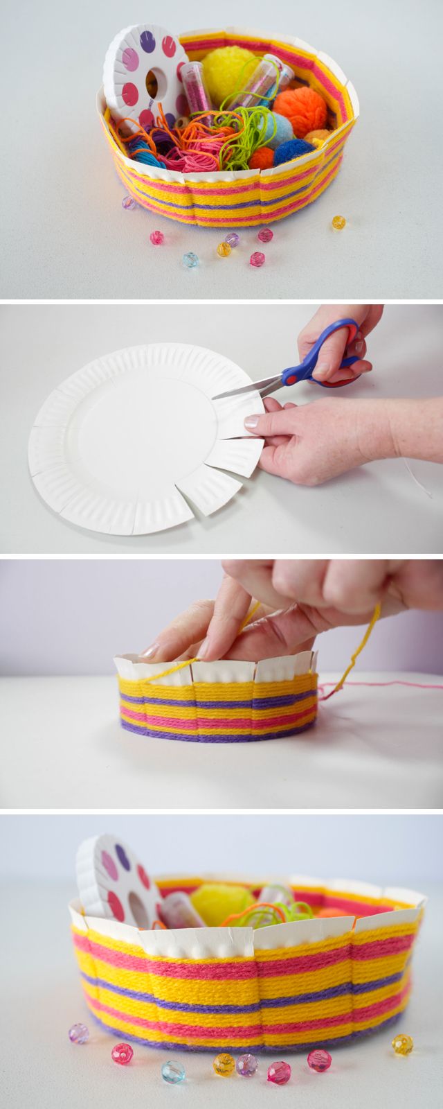 three pictures showing how to make a paper plate basket